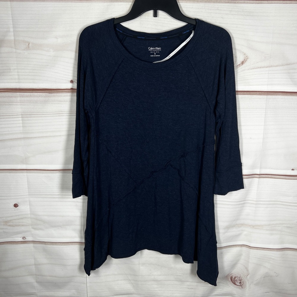 Calvin Klein Performance Top Womens Small Blue Solid Quick Dry Tunic 3/4 Sleeve